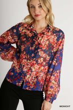 Load image into Gallery viewer, Umgee Mandarin Collar Sheer Floral Print Button Up Boxy Cut Top in Midnight