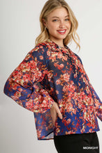 Load image into Gallery viewer, Umgee Mandarin Collar Sheer Floral Print Button Up Boxy Cut Top in Midnight