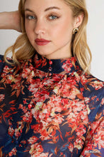 Load image into Gallery viewer, Umgee Mandarin Collar Sheer Floral Print Button Up Boxy Cut Top in Midnight