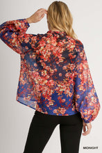 Load image into Gallery viewer, Umgee Mandarin Collar Sheer Floral Print Button Up Boxy Cut Top in Midnight