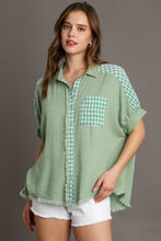 Load image into Gallery viewer, Umgee Solid Boxy Cut Linen Blend Checkered Button Down Collared Shirt with Fray Details in Sage