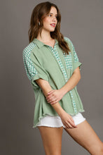 Load image into Gallery viewer, Umgee Solid Boxy Cut Linen Blend Checkered Button Down Collared Shirt with Fray Details in Sage