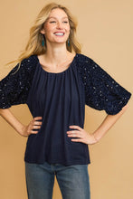 Load image into Gallery viewer, Umgee Sparkly Knit Top with Velvet Sequin Sleeves in Navy