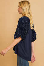 Load image into Gallery viewer, Umgee Sparkly Knit Top with Velvet Sequin Sleeves in Navy