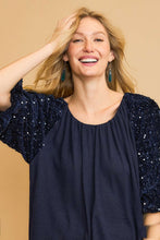 Load image into Gallery viewer, Umgee Sparkly Knit Top with Velvet Sequin Sleeves in Navy