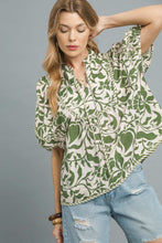 Load image into Gallery viewer, Umgee Floral Print Top with Contrasting Stripe Piping in Sage