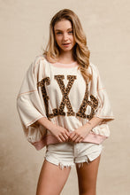 Load image into Gallery viewer, BiBi OVERSIZED Top with Leopard Print Letter Patchwork TEXAS in Oatmeal/D.Rose