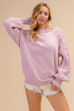Load image into Gallery viewer, BiBi Solid Color Raglan Sweater with Cable Knit Sleeves in Lilac
