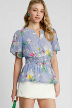 Load image into Gallery viewer, Umgee Mix Floral Striped Peplum Blouse in Blue Mix