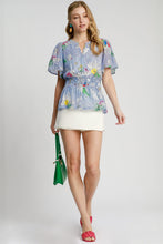 Load image into Gallery viewer, Umgee Mix Floral Striped Peplum Blouse in Blue Mix