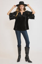 Load image into Gallery viewer, Umgee Velvet Split Neck Top with Floral Lace Sleeves in Black