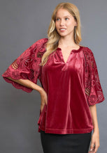Load image into Gallery viewer, Umgee Velvet Split Neck Top with Floral Lace Sleeves in Wine