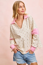 Load image into Gallery viewer, BiBi Floral Print French Terry V Neck Collared Top in Ivory/Pink