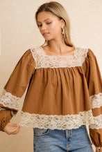Load image into Gallery viewer, BiBi Solid Woven Balloon Sleeve Square Neck Blouse With Lace Trim in Camel
