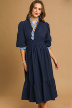 Load image into Gallery viewer, Umgee Solid Color Midi Dress with Contrasting Color and Leopard Print Trim in Navy