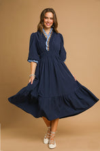 Load image into Gallery viewer, Umgee Solid Color Midi Dress with Contrasting Color and Leopard Print Trim in Navy