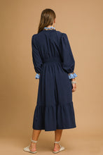 Load image into Gallery viewer, Umgee Solid Color Midi Dress with Contrasting Color and Leopard Print Trim in Navy