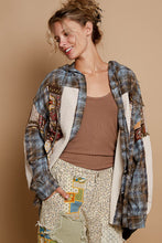 Load image into Gallery viewer, POL Mixed Print Hooded Button Down Top in Choco Multi