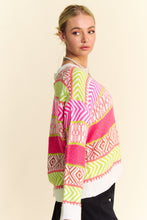 Load image into Gallery viewer, Davi & Dani Textured Mixed Pattern Sweater in Neon Pink Multi