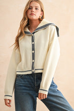 Load image into Gallery viewer, Miou Muse Contrasting Color Button Front Cardigan in Off White/Navy ON ORDER