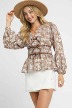Load image into Gallery viewer, Umgee Floral Print and Leopard Print Accent Peplum Top in Light Brown