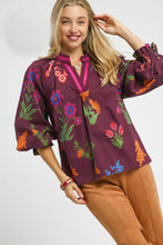 Load image into Gallery viewer, Umgee Floral Print Top with Contrasting Collar in Burgundy Mix
