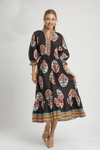 Load image into Gallery viewer, Umgee Flower Print with Contrasting Print Boarder Midi Dress in Chocolate Mix