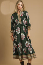 Load image into Gallery viewer, Umgee Flower Print with Contrasting Print Boarder Midi Dress in Palm Green Mix
