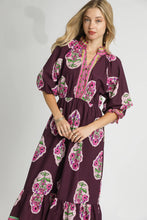 Load image into Gallery viewer, Umgee Flower Print with Contrasting Print Boarder Midi Dress in Plum Mix