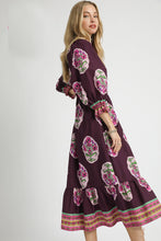 Load image into Gallery viewer, Umgee Flower Print with Contrasting Print Boarder Midi Dress in Plum Mix