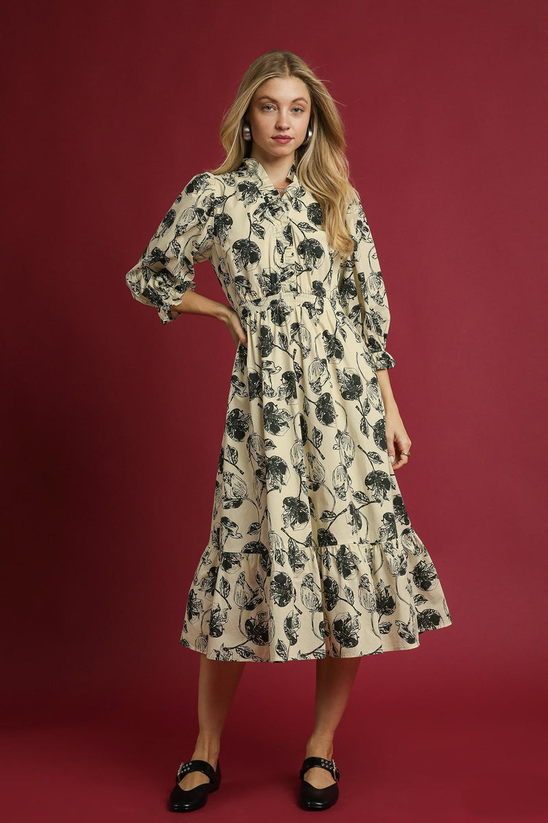 Umgee Full Size Two Tone Floral Print Babydoll Dress Plus Size