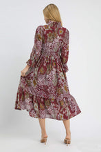 Load image into Gallery viewer, Umgee Boho Patchwork Mixed Print Midi Dress in Merlot Mix