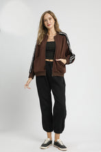 Load image into Gallery viewer, Umgee Luxeknit Jacket with Contrasting Stripe Sleeves in Chocolate