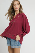 Load image into Gallery viewer, Umgee Linen Blend Top with Leopard Trim in Merlot