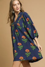 Load image into Gallery viewer, Umgee Floral Print Baby Doll Tunic Dress in Navy Mix
