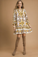 Load image into Gallery viewer, Umgee Boarder Print Tiered Mini Dress in Mustard Mix