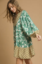 Load image into Gallery viewer, Umgee Mix and Match Floral and Geometric Print Mini Dress in Green Mix