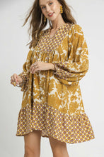 Load image into Gallery viewer, Umgee Mix and Match Floral and Geometric Print Mini Dress in Mustard Mix