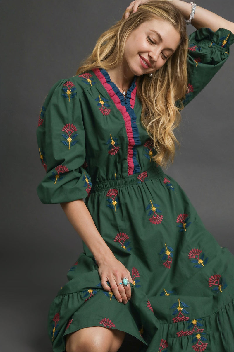 Umgee Boho Floral Embroidered Midi Dress in Hunter Green L