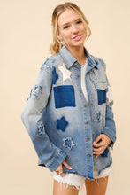 Load image into Gallery viewer, Blue B Distressed Denim Shirt with Star Print and Studded Details in Medium Wash