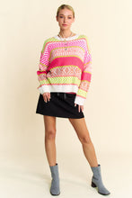 Load image into Gallery viewer, Davi & Dani Textured Mixed Pattern Sweater in Neon Pink Multi
