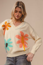 Load image into Gallery viewer, BiBi Flower Pattern Sweater with Stitched and Fringe Details in Cream