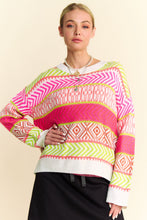 Load image into Gallery viewer, Davi & Dani Textured Mixed Pattern Sweater in Neon Pink Multi