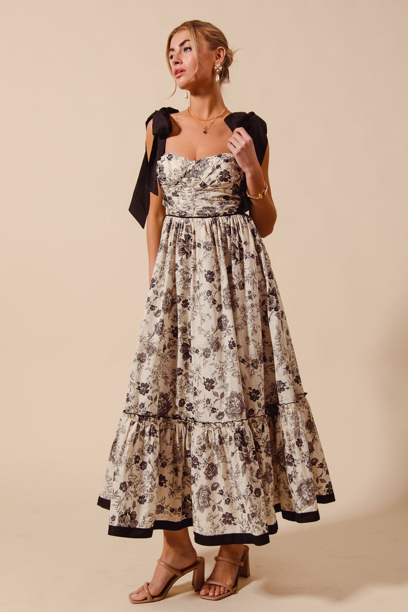 So Me Floral Print Maxi Dress with Contrasting Ribbon Shoulder Ties in Vintage Black L