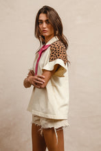 Load image into Gallery viewer, BiBi Soft Knit Collared Top with Contrasting Color and Leopard Print in Ivory