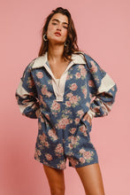 Load image into Gallery viewer, BiBi Floral Print Denim Romper with Contrasting Fabric in Denim **PLEASE REVIEW DESCRIPTION DETAILS ON SIZING**