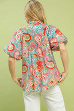 Load image into Gallery viewer, Umgee Mix Paisley Print Blouse with Puff Sleeves in Light Blue Mix