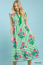 Load image into Gallery viewer, Umgee Mix Striped Floral Midi Dress in Green Mix