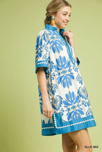 Load image into Gallery viewer, Umgee Mix Border Print Dress with Contrast Trim in Blue Mix