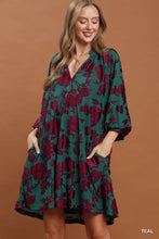 Load image into Gallery viewer, Umgee Velvet Floral Textured Babydoll Mini Dress in Teal